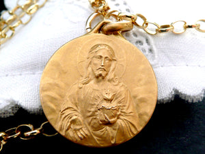 Scapular Necklace, Vintage French Scapular Medal, Our Lady of Mount Carmel, Sacred Heart of Jesus