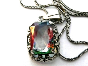 Vintage French Silver and Glass Pendant with Iris Glass Effect