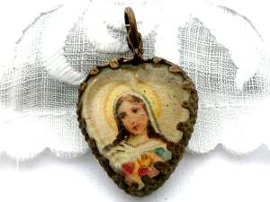 Antique French Glass Medal of Jesus and Mary
