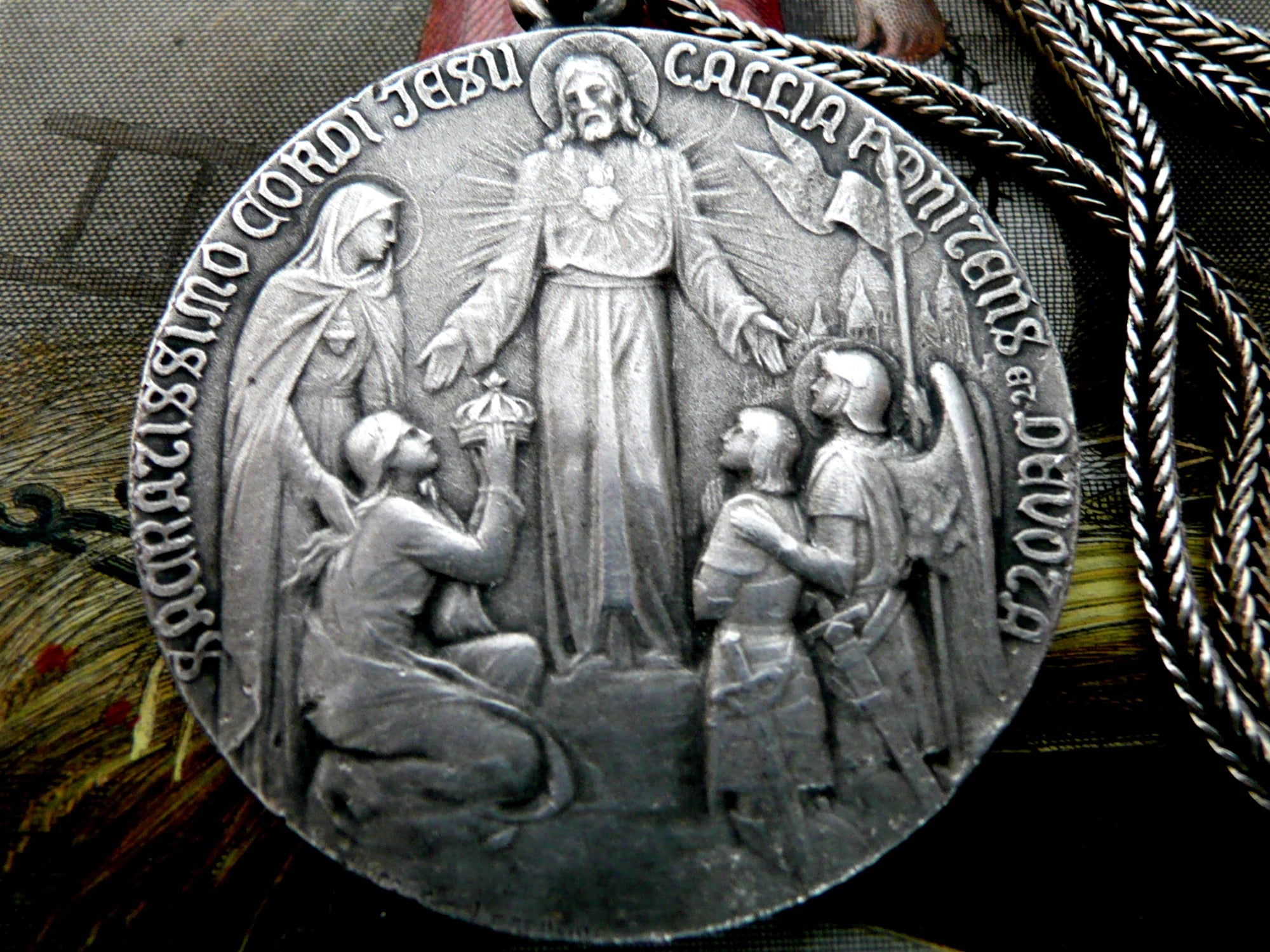 Sacred Heart of Jesus Silver Necklace, Antique French Sacre Coeur Silver Medal