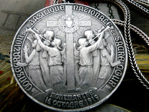 Sacred Heart of Jesus Silver Necklace, Antique French Sacre Coeur Silver Medal