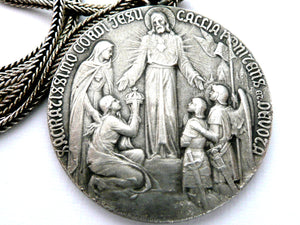 Sacred Heart of Jesus Silver Necklace, Antique French Sacre Coeur Silver Medal