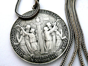 Sacred Heart of Jesus Silver Necklace, Antique French Sacre Coeur Silver Medal