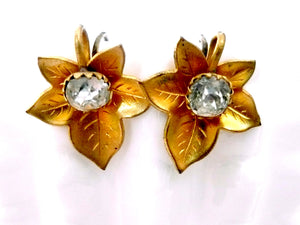 Vintage Gilded Gold Leaf Earrings with a Rhinestone