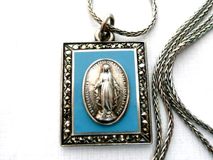 Miraculous Necklace - Vintage Sterling Silver and Blue Enamel Medal
