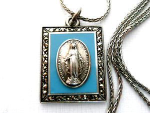 Miraculous Necklace - Vintage Sterling Silver and Blue Enamel Medal