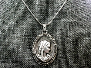 Virgin Mary Necklace - Vintage French Silver and Marcasite Our Lady of Lourdes Medal