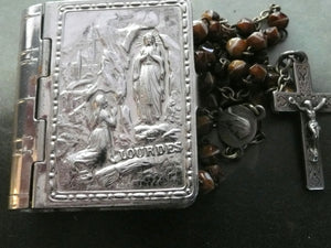 Vintage French, Our Lady of Lourdes Rosary Case and Miniature Glass Rosary.