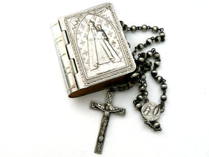 Vintage French, Our Lady of Fourviere Rosary Case and Miniature Our Lady of Lourdes Rosary.