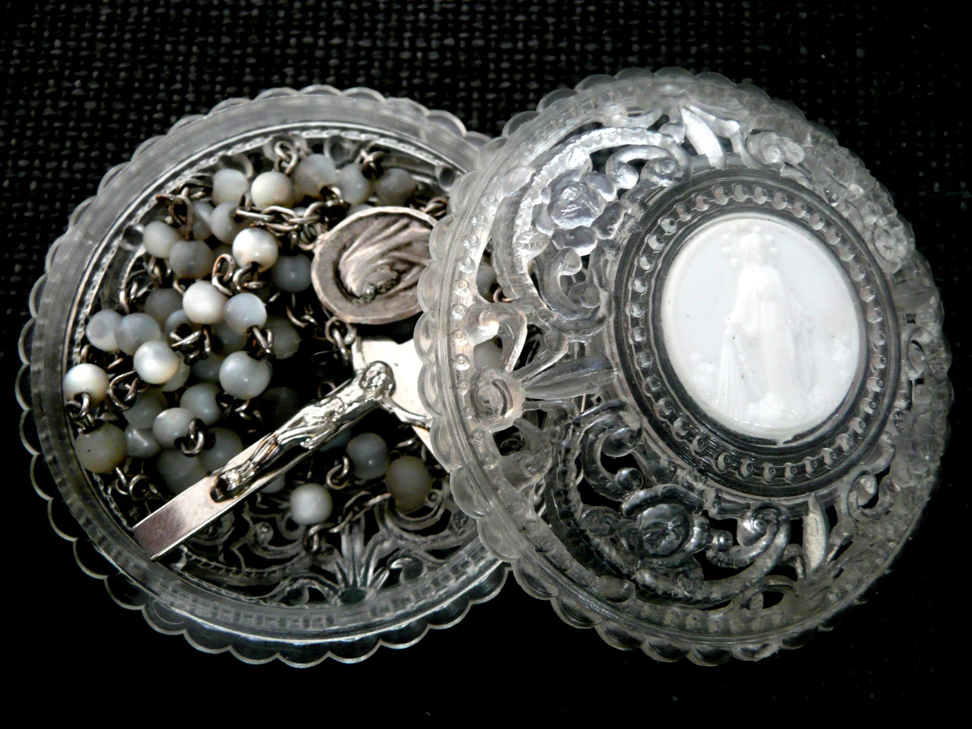 Vintage Sterling Silver and Mother of Pearl Rosary and Vintage Rosary Case