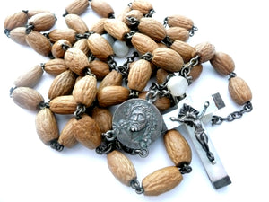 Long Vintage French Silver, Olive Wood, and Mother of Pearl Rosary