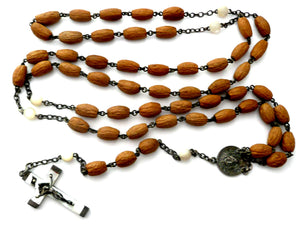 Long Vintage French Silver, Olive Wood, and Mother of Pearl Rosary
