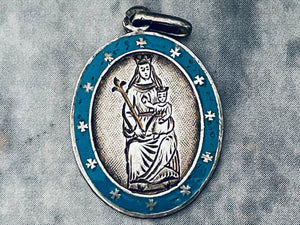 Vintage French Silver and Blue Enamel Our Lady of Miracles Medal