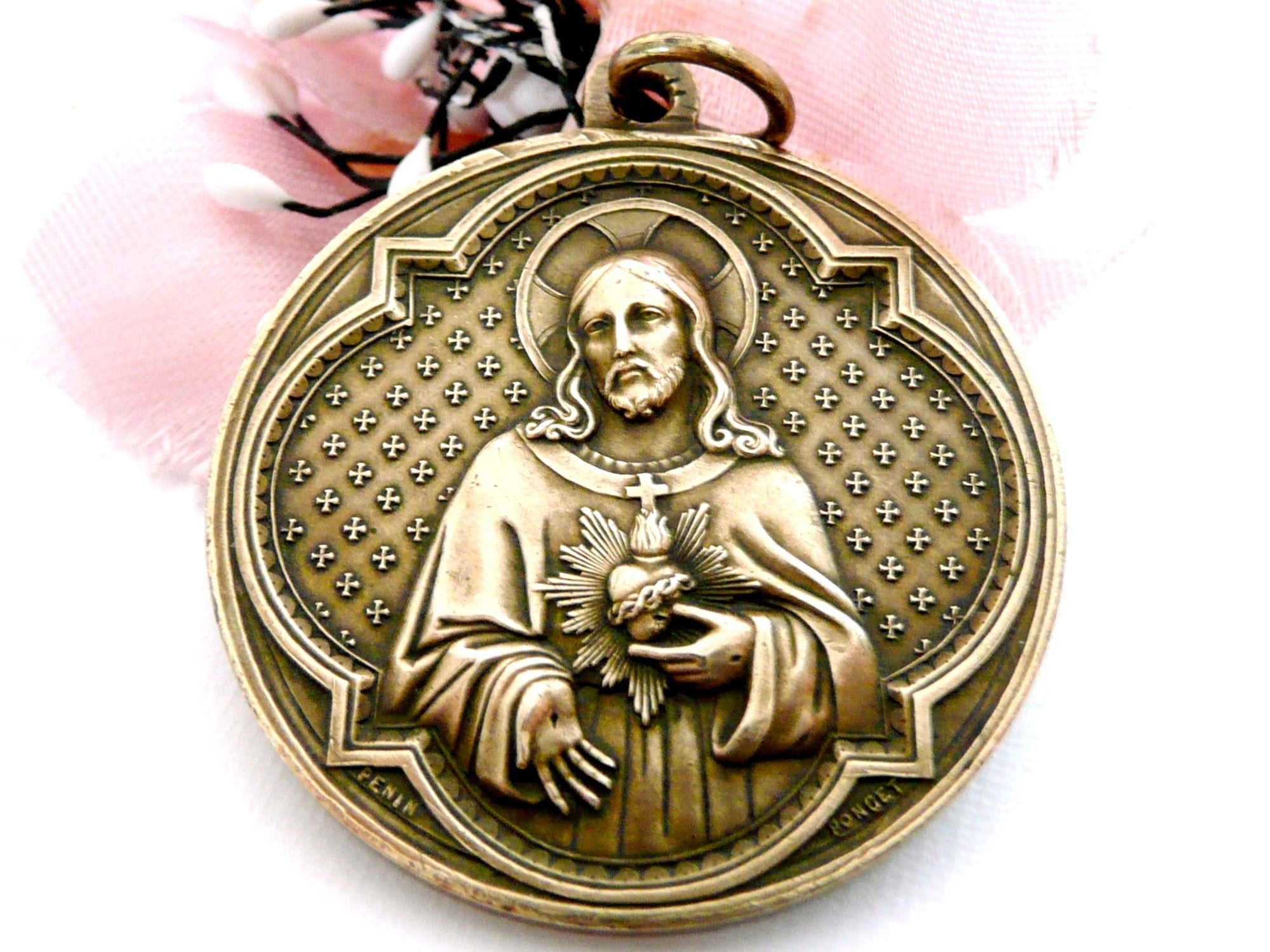 Large Vintage French Penin Poncet Sacred Heart of Jesus Medal