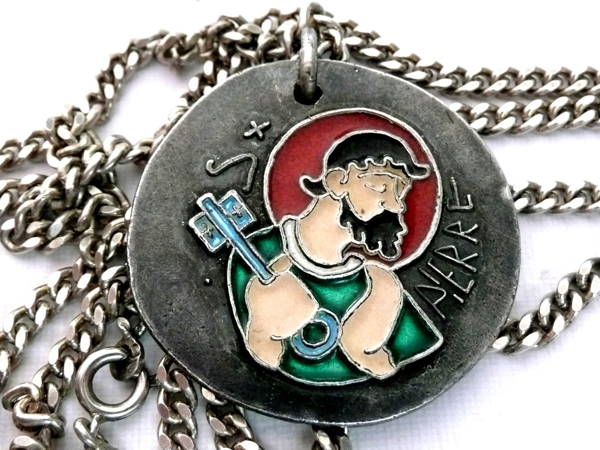 Long Vintage French Silver and Enamel Saint Peter Necklace