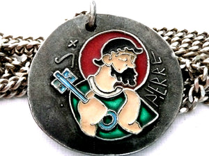 Long Vintage French Silver and Enamel Saint Peter Necklace