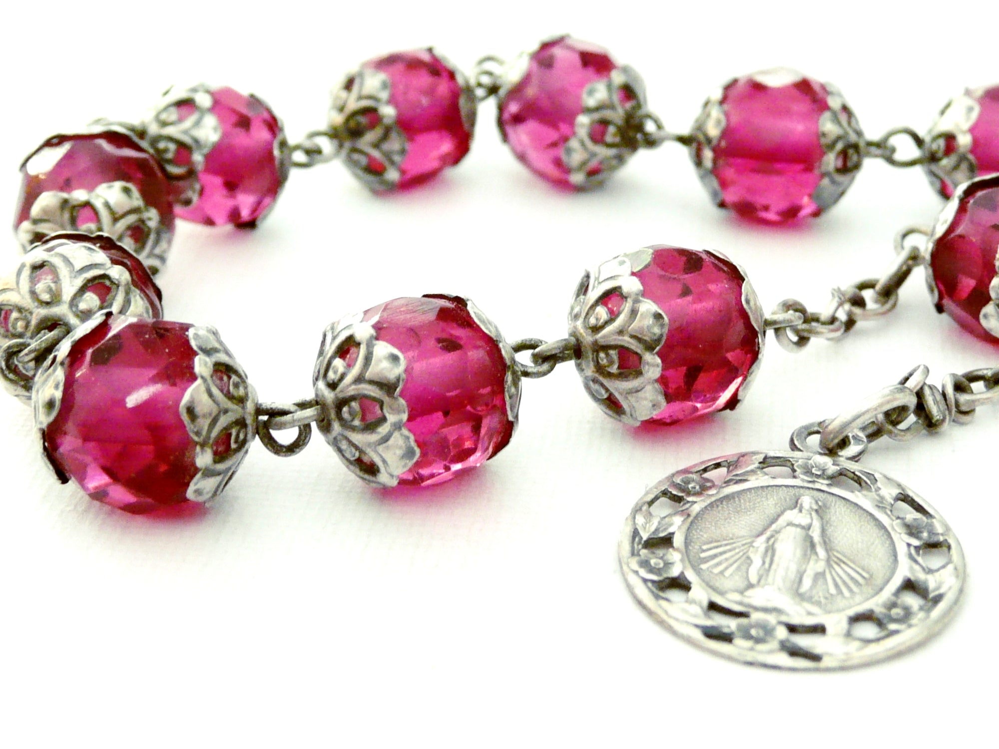 Antique French Silver and Rose Glass Rosary Bracelet