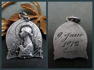 SMALL Antique 1912 French Silver Virgin Mary Medal