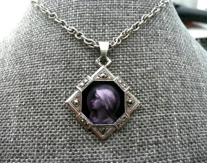 Virgin Mary Necklace - Vintage French Silver, Marcasite and Purple Enamel Medal