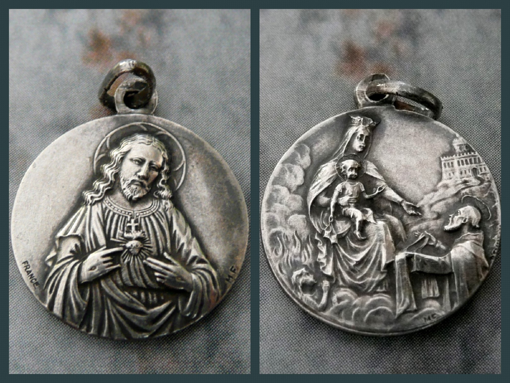 Vintage French Silver Scapular Medal, Sacred Heart of Jesus