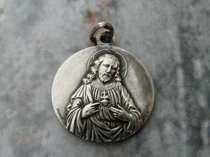 Vintage French Silver Scapular Medal, Sacred Heart of Jesus