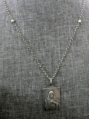 French Silver Scapular Necklace, Sacred Heart of Jesus Necklace