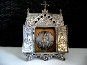 Small Vintage French Our Lady of Fourviere Metal Shrine