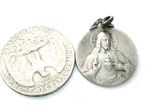 Vintage French Silver Scapular Medal - Tairac Medal - Sacred Heart of Jesus