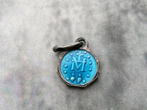 Tiny Vintage French Blue Enamel and Silver Miraculous Medal
