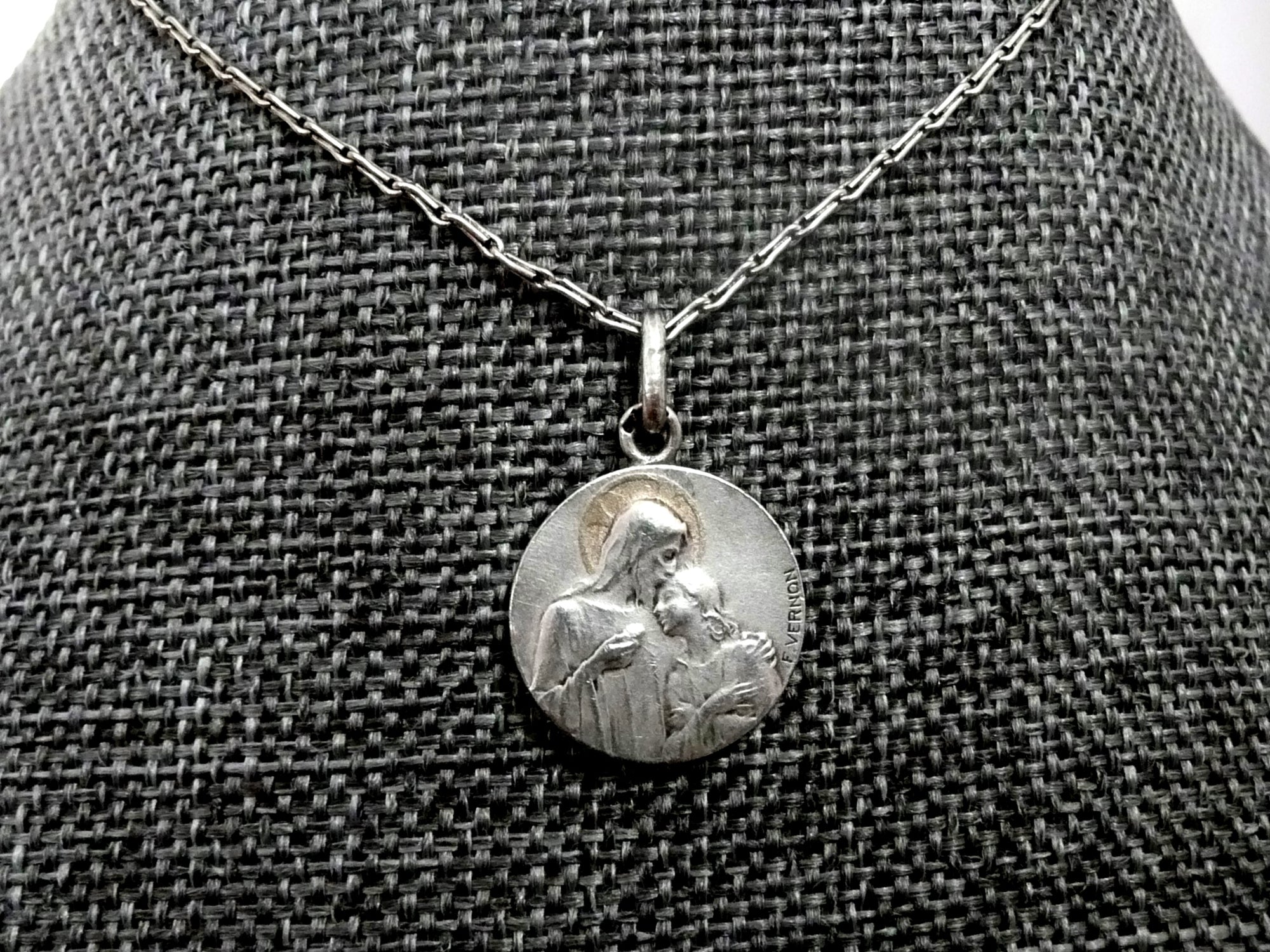 Petite Antique French Silver Holy Communion Necklace, Antique French Silver Medal by Frederic Vernon