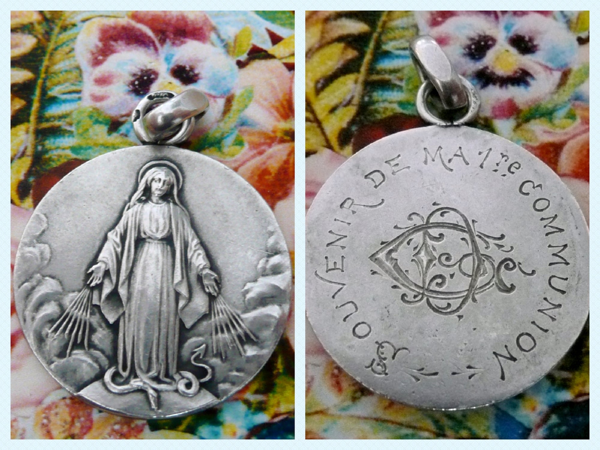 Antique French Silver Our Lady of Grace Communion Medal