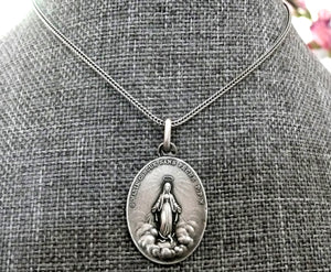Vintage French Silver Our Lady of Grace Medal - Necklace