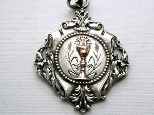 Large Antique French Silver and Gold Holy Communion Medal