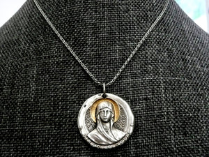 Virgin Mary Necklace - Antique French Silver Virgin Mary Medal - Virgo Fidelis