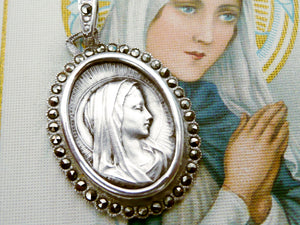 Vintage French Silver and Marcasite Our Lady of Lourdes Medal